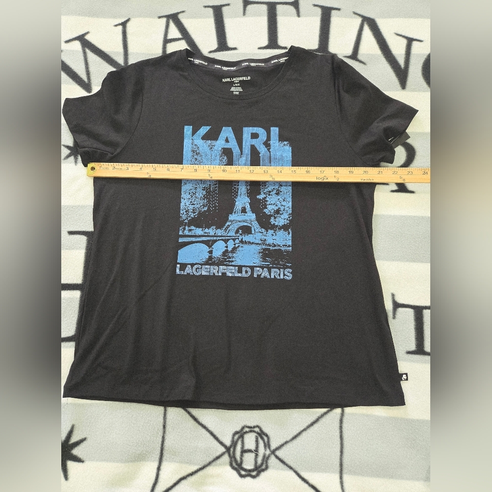Karl Lagerfeld Paris Black T-Shirt with Blue Graphic Medium & Large NEW - Picture 13 of 15